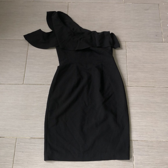 Black halo Kimora sheath a draped flounce trims the one shoulder neckline size 2 - Picture 2 of 5